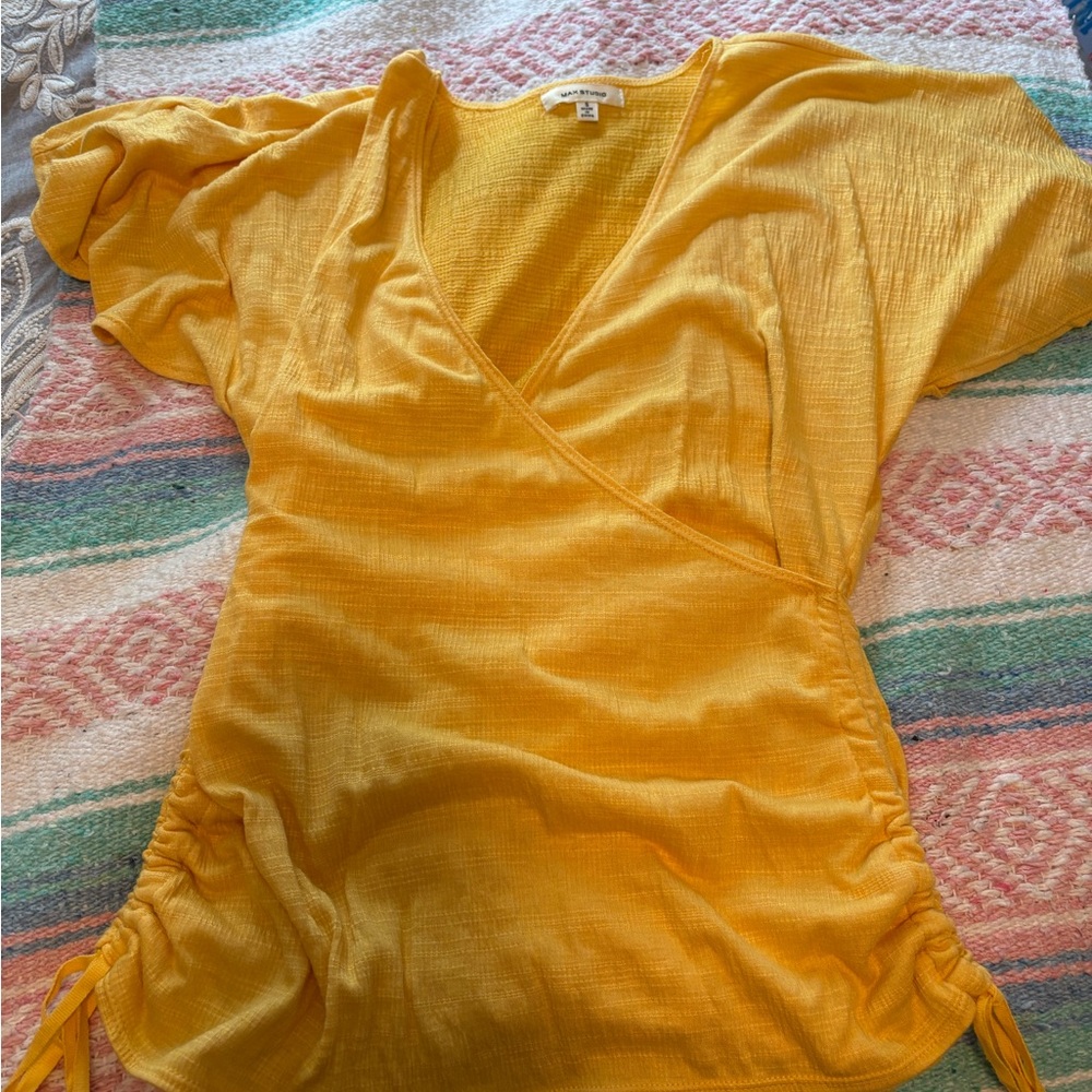 Max Studio Gold Ruched Wrap Blouse Short Sleeve